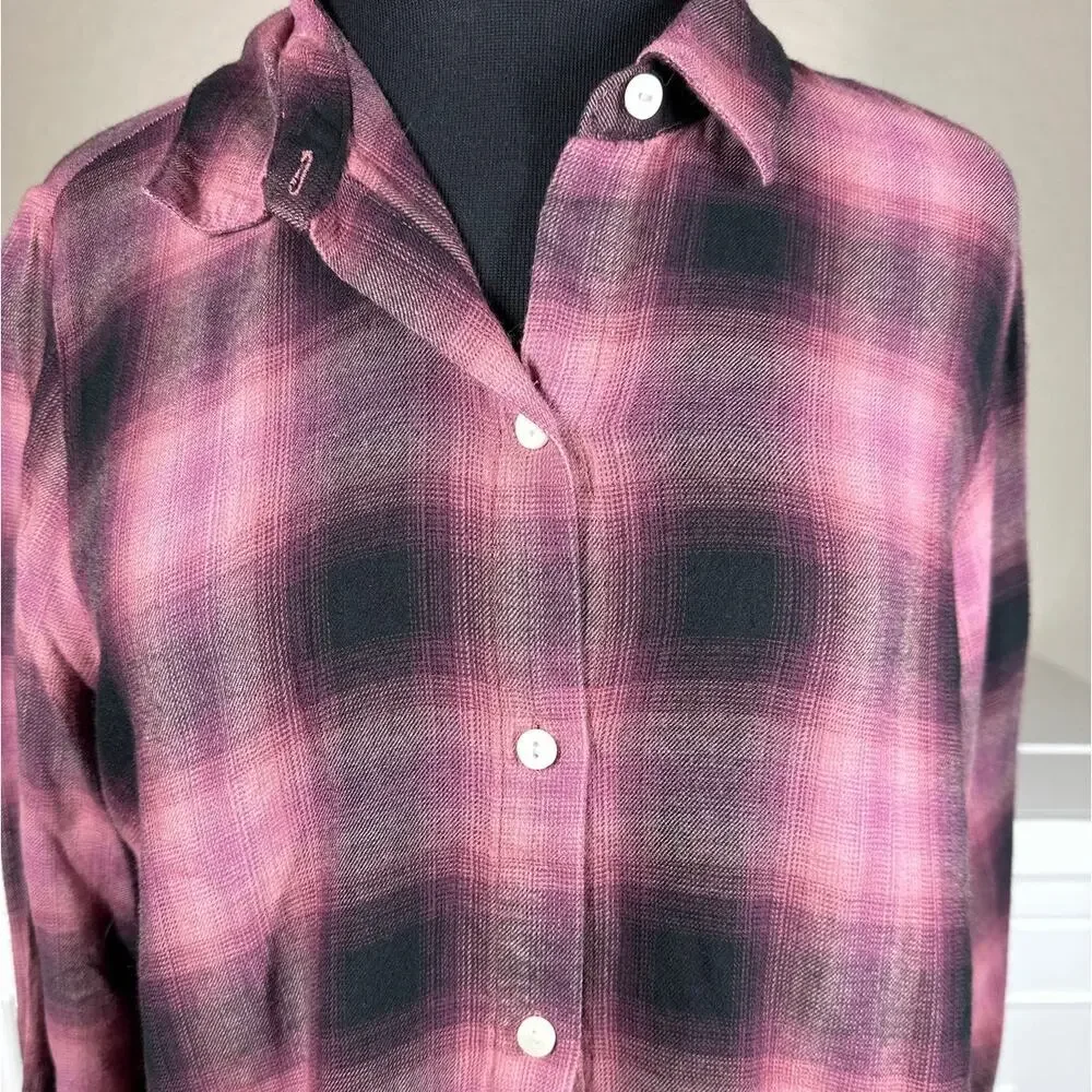 J.Jill Ombre Plaid Tiered Babydoll Button Up Tunic Top Long Sleeve Burgundy Sz M - Picture 2 of 15